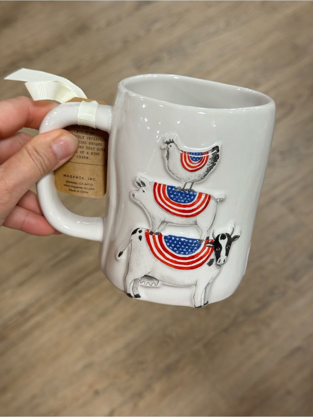 rae dunn White Ceramic Animal Stack Mug with Patriotic Accents